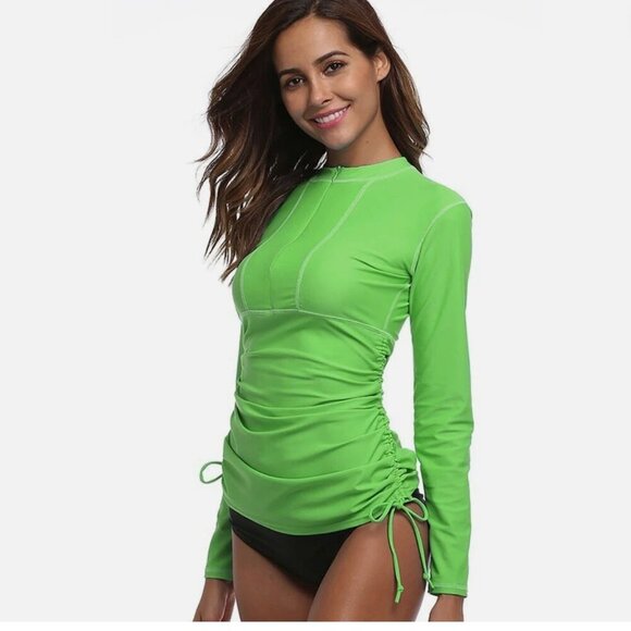 Athleta Swim XS Tidal Long Sleeve ZipUp Ruched Rash Guard Coverup Dress Green - Picture 4 of 8